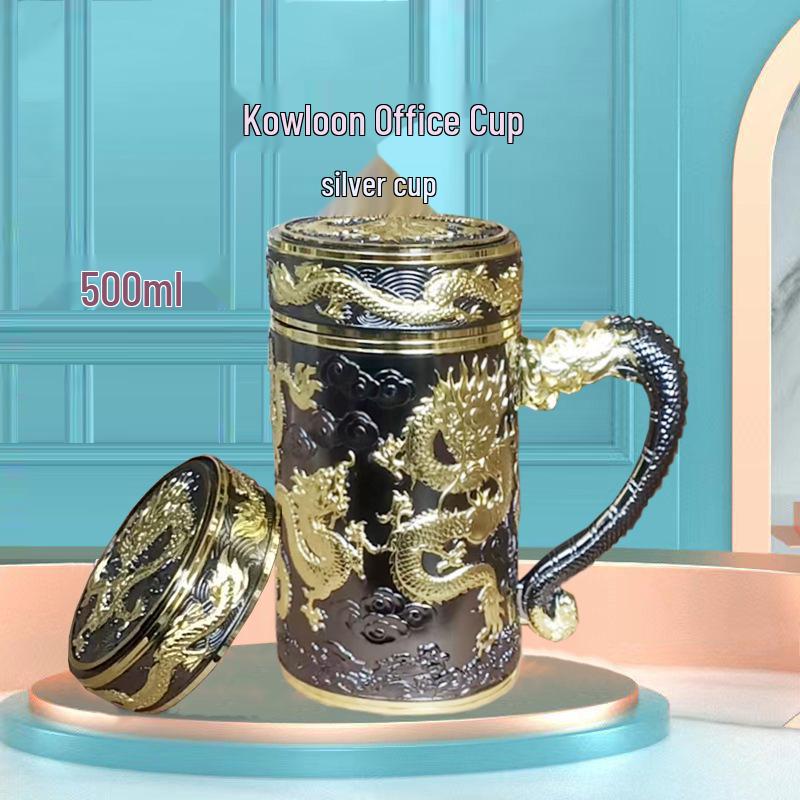 Pure Silver 9999 Thermal Water Cup - Nine Dragon, Hundred Blessings, Dragon & Phoenix Design