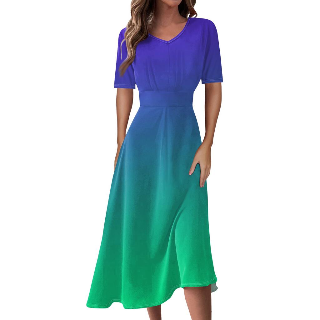 Ladies Casual Fashion Gradient Print V-Neck Short Sleeve Waist Long Swing Dress
