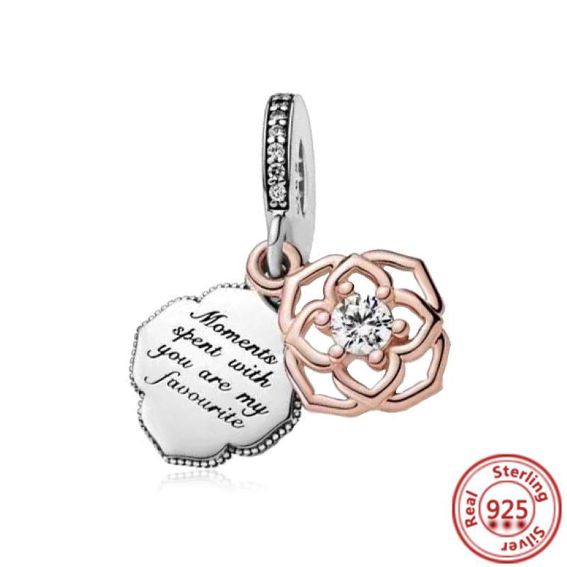 Hot Sale Rose Gold Series Pink Zircon Leaves Heart Pendant Sparkling Clip Bead Fit Charm Bracelet DIY S925 Silver Jewelry