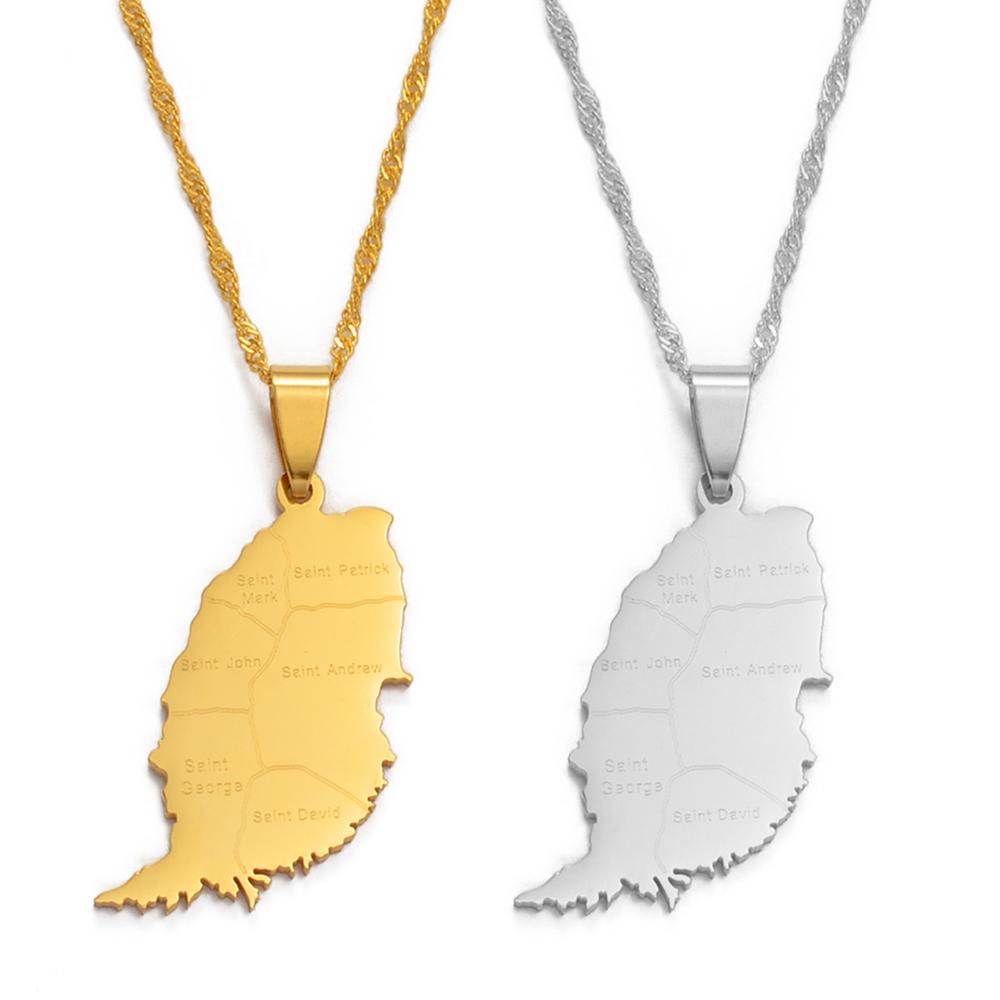 Anniyo Grenada Island Map With City Name Pendant Necklaces Women Girls Silver Color/Gold Color Windward Islands Jewelry @122821