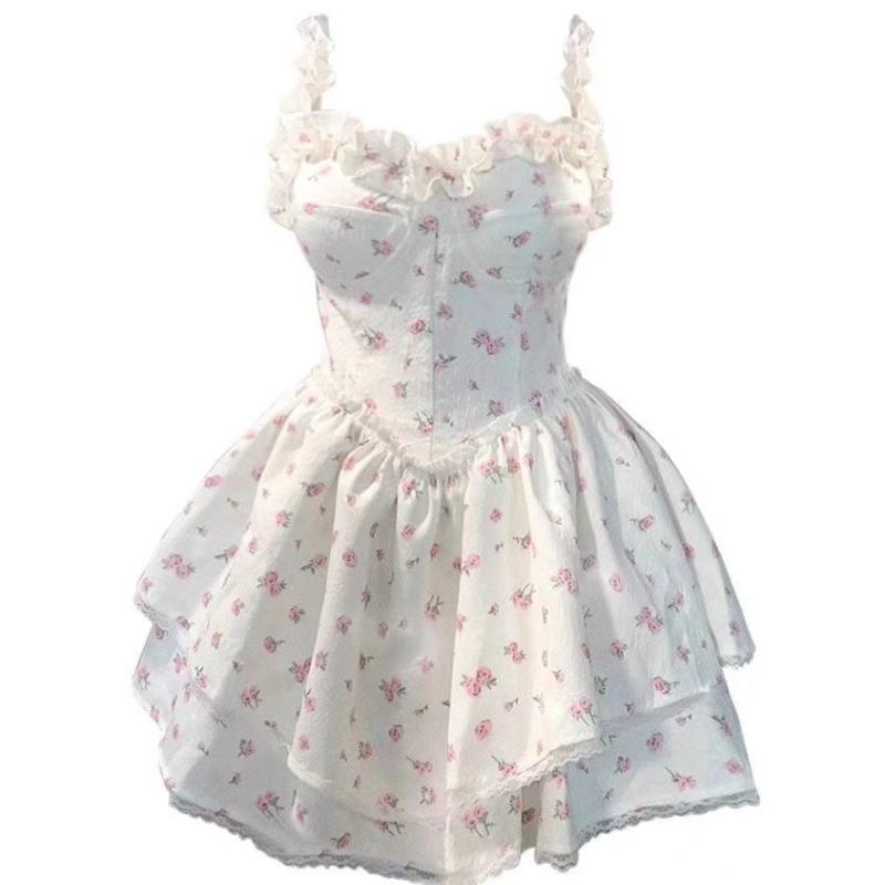 Кружевное милое платье Kawaii, женское винтажное элегантное милое мини-платье без рукавов с женским принтом, корейское модное платье на бретелях, новинка 2024 года, лето