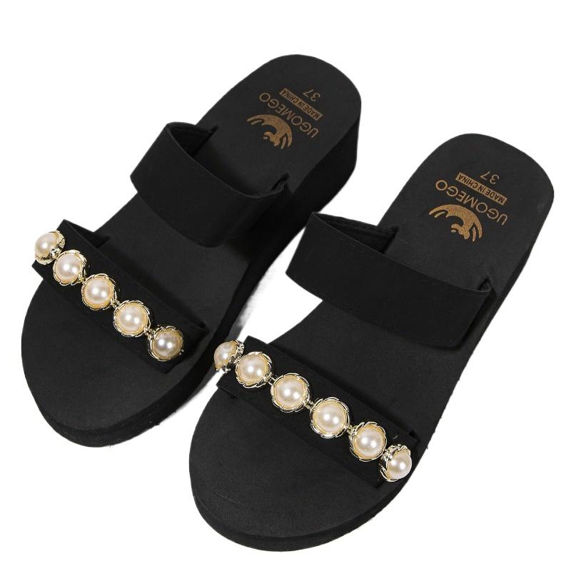 2024 Горячая Распродажа Женская Обувь Женские Тапочки С Открытым Носком Модные Повседневные Тапочки С Бисером Женские Летние Тапочки Большого Размера На Танкетке