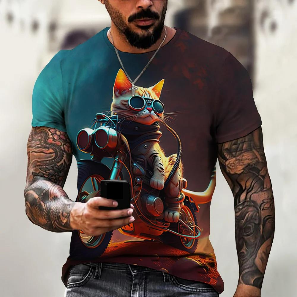 Красивый мотоциклетный кот с принтом, летняя мужская футболка с круглым вырезом, повседневный пуловер большого размера с короткими рукавами, модная тенденция, мужская одежда