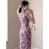 Purple sleeveless improved cheongsam women's 1011 new floral slim and thin waist pinch dress long temperament daily