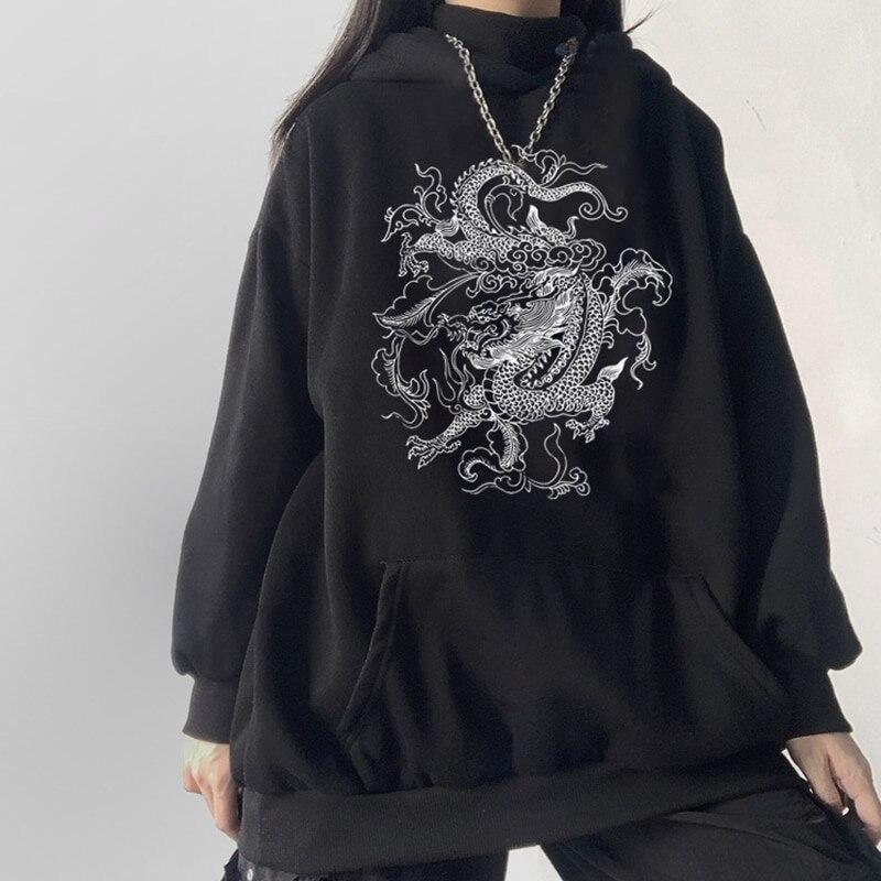 Gothic Dragon Print Hoodies Women Harajuku Vintage Hoodie Sweatshirt Oversized Streetwear Y2k Casual Winter Autumn Grunge Coat