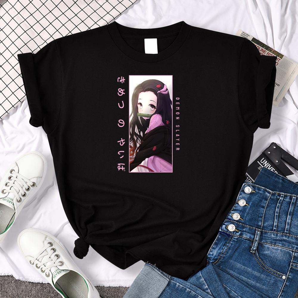 Woman Tshirt Anime Demon Slayer Kamado Nezuko Print T Shirt Women Japanese Kawaii O-Neck Tee Shirt Female Oversize Slim Top Tees
