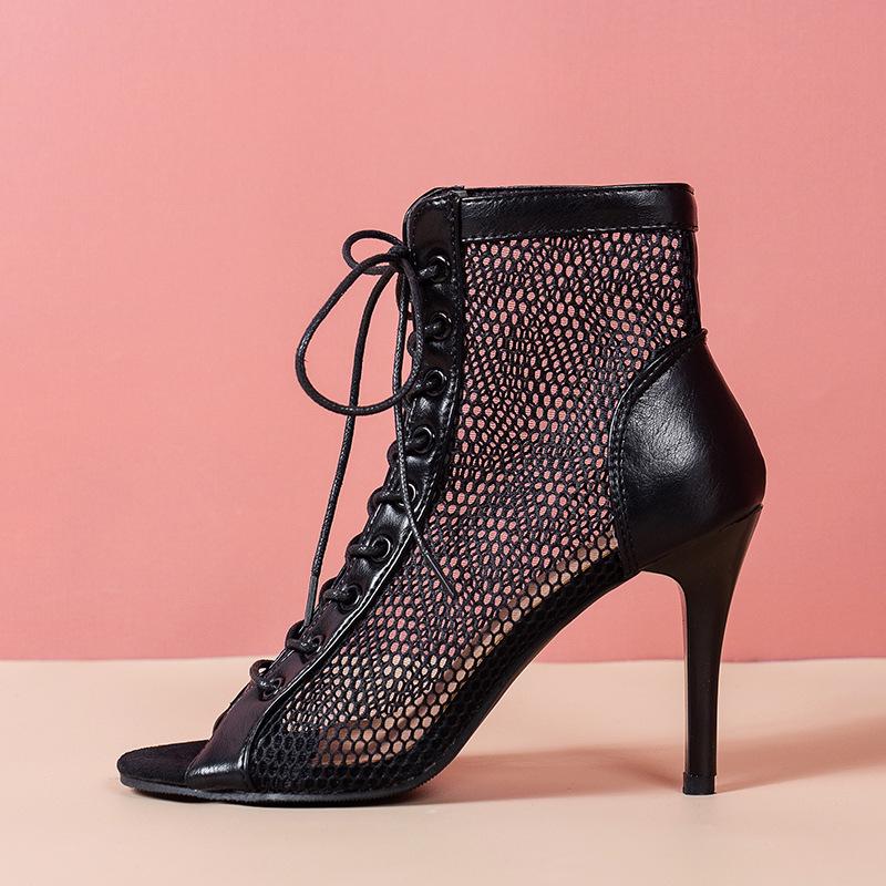 Модные босоножки на каблуках со шнуровкой 9 см женская обувь лето 2024 тренд черные сексуальные ботинки с открытым носком модные тканевые туфли на шпильке джазовые танцевальные женские