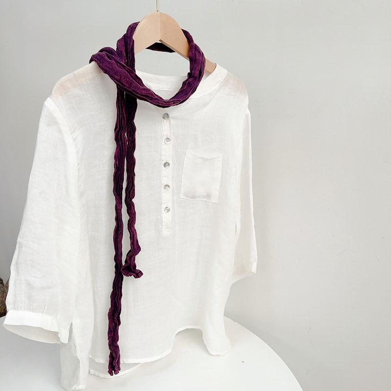 Retro Pleated Ramie Scarf Slender And Narrow Long Silk Scarf Japanese Mori Women Versatile Extended Neck Protector Scarf Shawl