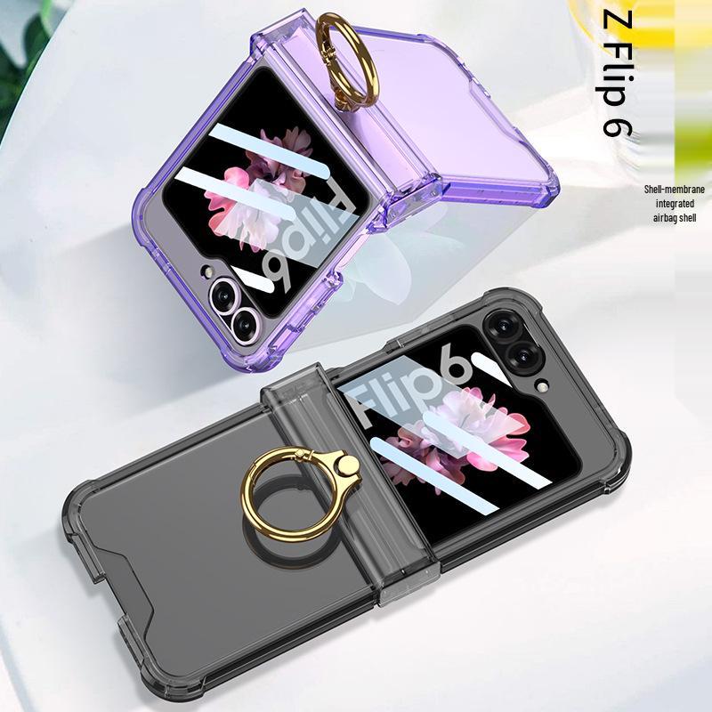 Чехол для Samsung Galaxy Z Flip 6: Вал подушки безопасности, Полностью закрывающий корпус, Прозрачная пленка, Держатель-кольцо
