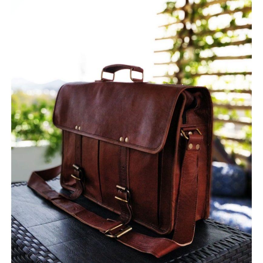 16" Leather Messenger Bag Laptop Case Office Briefcase Gift for Men Computer Distressed Shoulder Bag