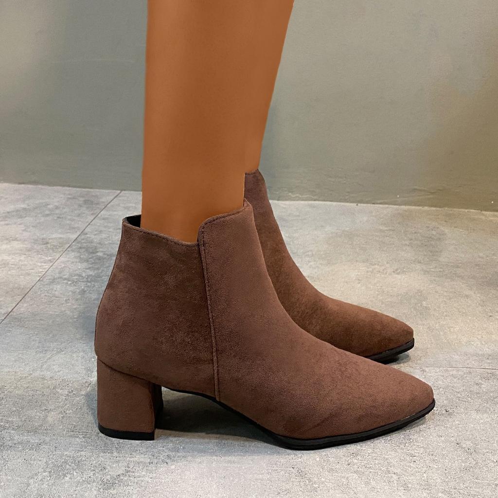 European and American Fashion Boots Women's 2024 Autumn Winter New Pointed Suede Side Zipper Mid Heel Short Boots Zapatos Mujer