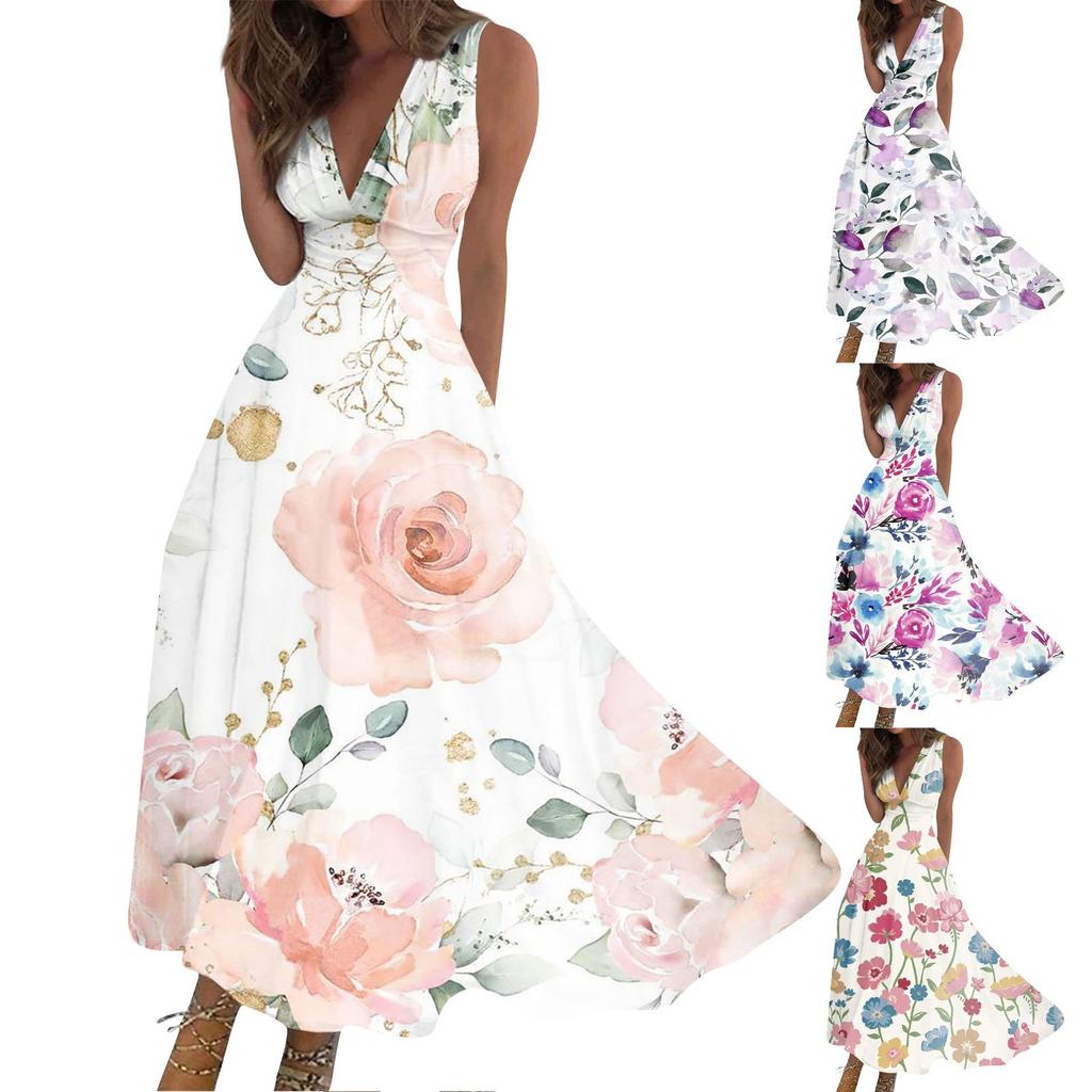 Женское длинное платье Платье макси Повседневное платье Летнее повседневное платье без рукавов с v-образным вырезом в стиле бохо с талией и принтом