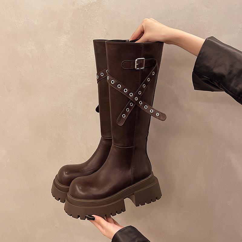 Over The Knee Long Boots Women Winter , New Style With Belt Buckle, Handsome Height Increasing Tube Thick Soled Knight Boots