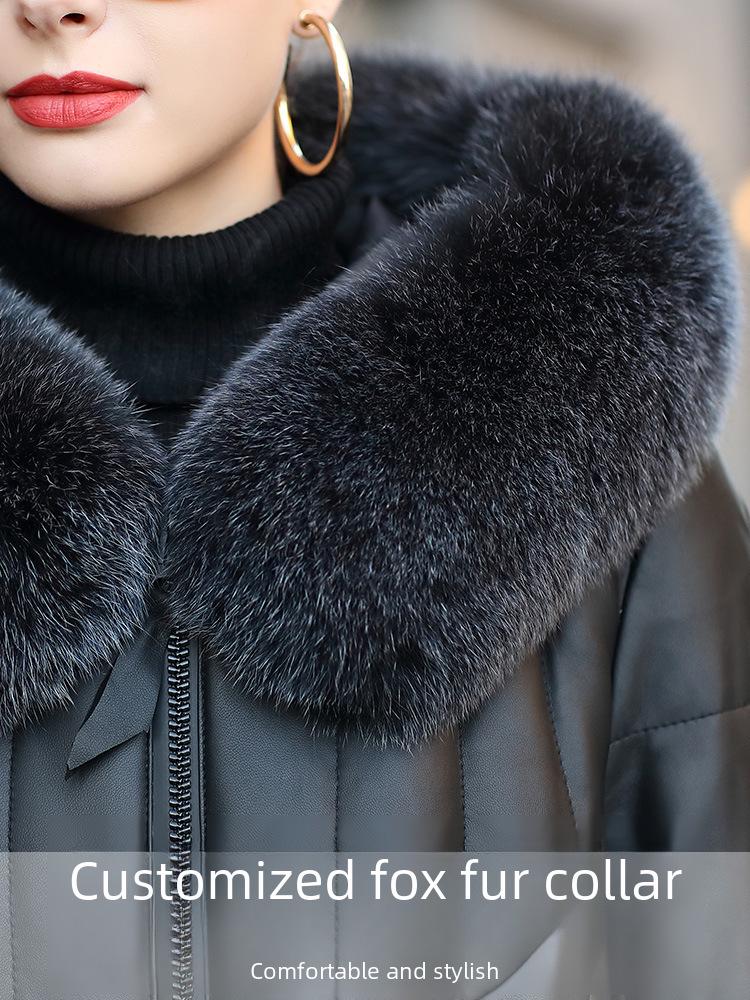 2024 Women's Mid-Length Genuine Leather Sheepskin Jacket with Fox Fur Hood
