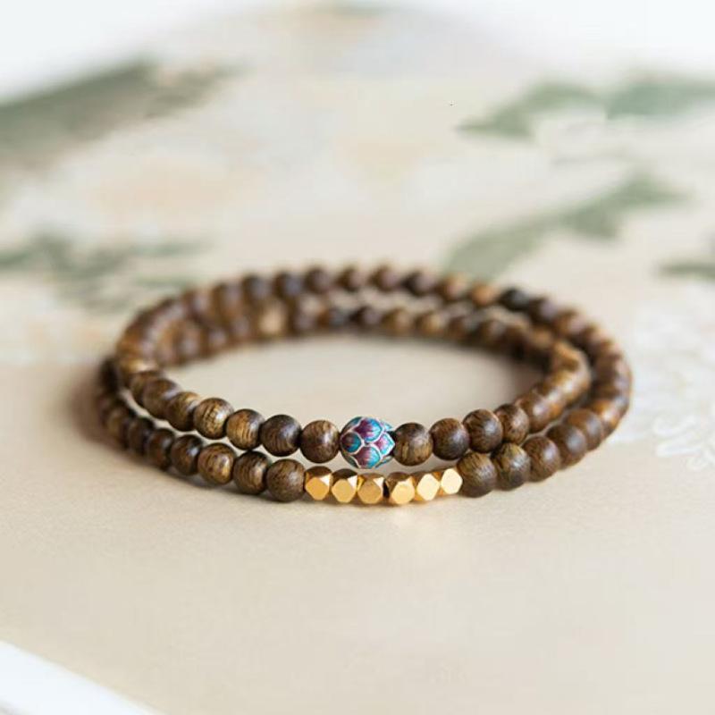 2026Agarwood Bracelet White Agarwood Double Circle Small Bead Bracelet Lotus Charm Bead for Women New Chinese Style Layered Gold Lotus