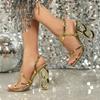 Gold Sexy Strange High Heels Gladiator Sandals for Women Summer Narrow Band Square Toe Buckle Strap Wedding Banquet Shoe Pumps
