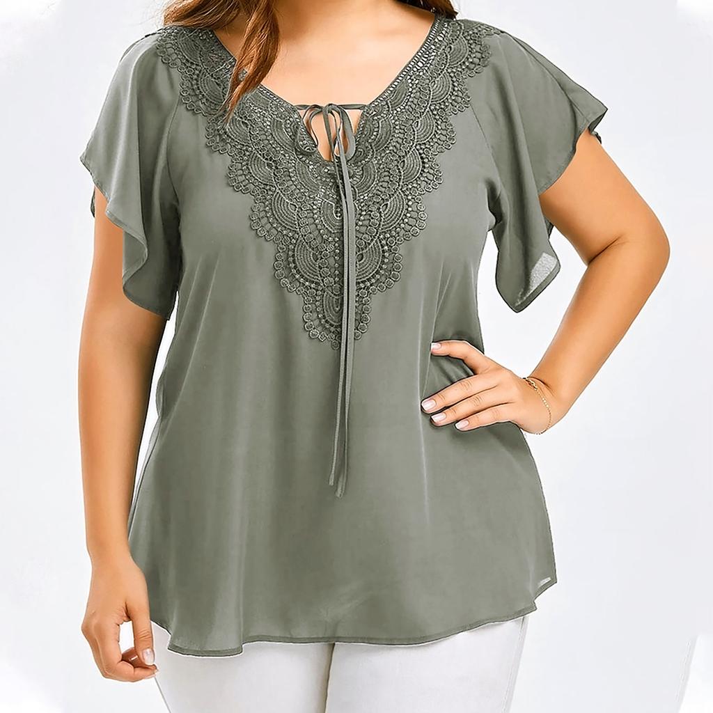 Women Fashion Plus Size Lace T-Shirt Blouse  Short Sleeve Tops