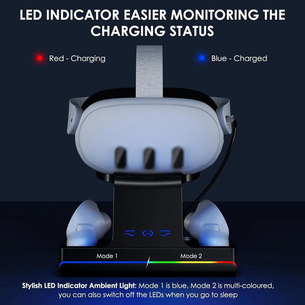 Зарядная база для Meta Quest 3 VR, беспроводная зарядная стойка с RGB-подсветкой, зарядная база, 2 перезаряжаемых аккумулятора для Oculus/Meat Quest 3