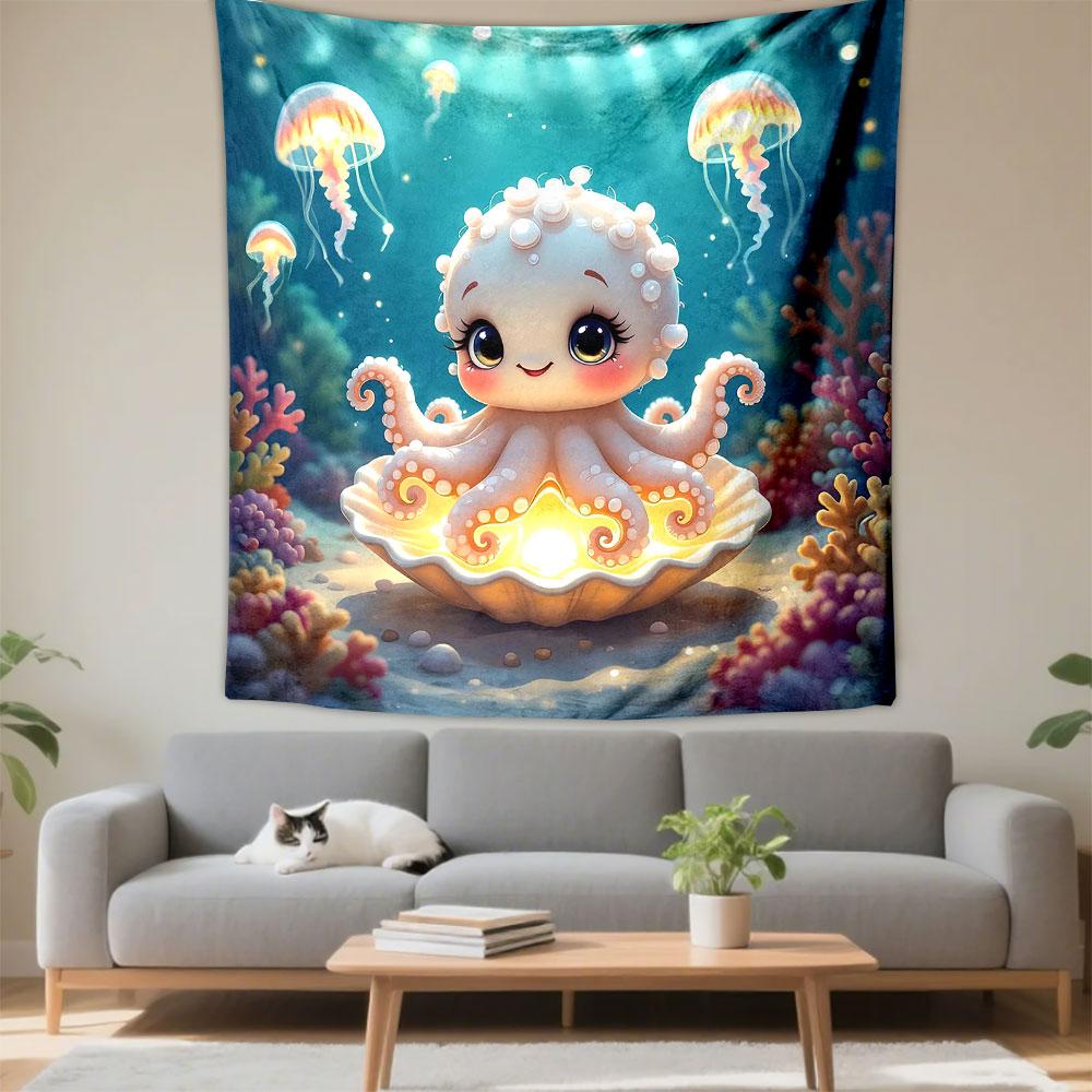 Adorable Octopus in Glowing Seashell Patterned Tapestry Decorative Wall Hanging, Home Bedroom Living Room Decor