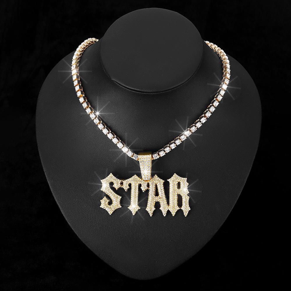 Men Women Hip Hop Letter STAR  Pendant Necklace with Cuban Chain Iced Out Bling Necklaces Tennis Chain Fashion Punk Jewelry Gift