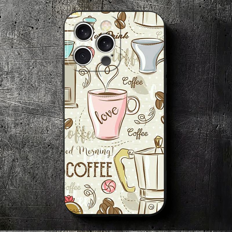 Черный Кофе Модный Стиль Мягкий Чехол для Телефона для iPhone 16 16E 17 Air 15 Pro Max 14 Plus 13 Mini 11 12 7 Черная Задняя Крышка