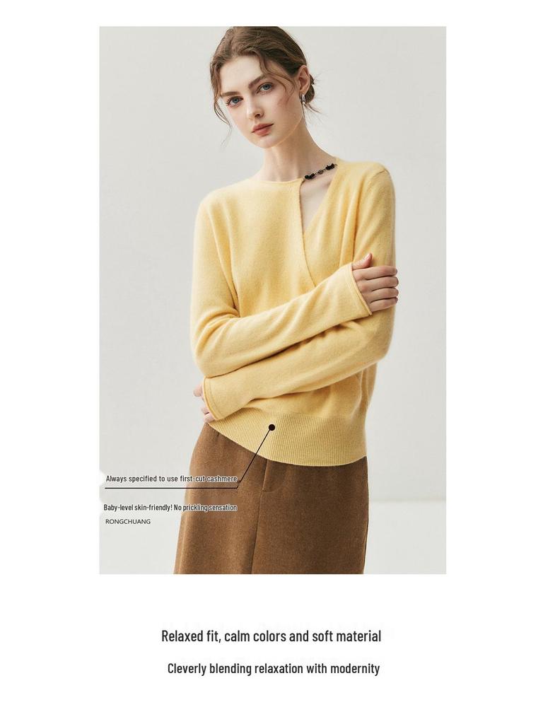 Женский асимметричный кашемировый свитер с перекрещенным воротником и подвернутыми манжетами – Элегантный вязаный базовый слой для осени/зимы