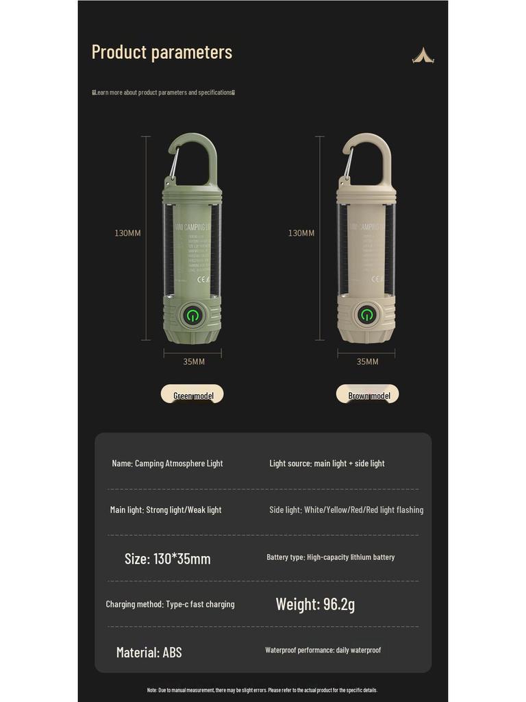 LED Camping Lantern with Three-Color Modes, Type-C Charging, Emergency Flashlight, and Atmosphere Light
