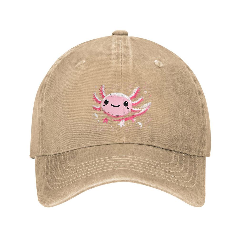 Cute Axolotl Print Baseball Cap Adjustable Cotton Dad Hat Unisex Casual Cartoon Salamander Design Outdoor Snapback