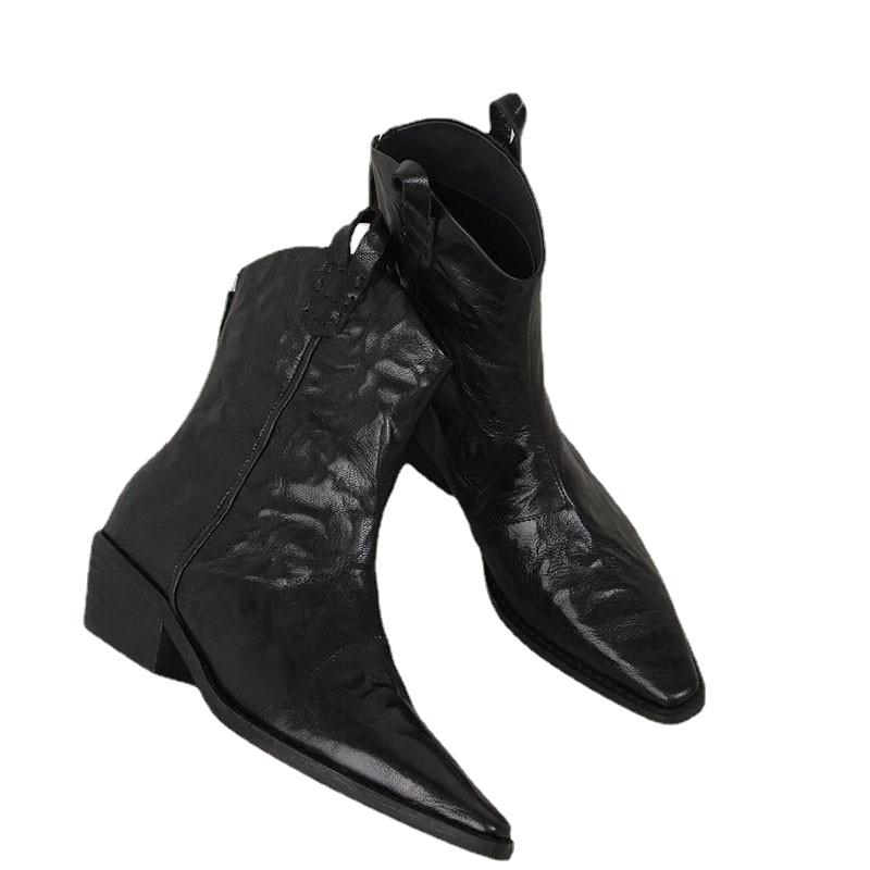 Винтажные женские ботильоны в западном стиле, сплошные, 2024, новые, с острым носком, на молнии, на низком каблуке, женские туфли, шикарные короткие ботинки, дизайн рыцаря