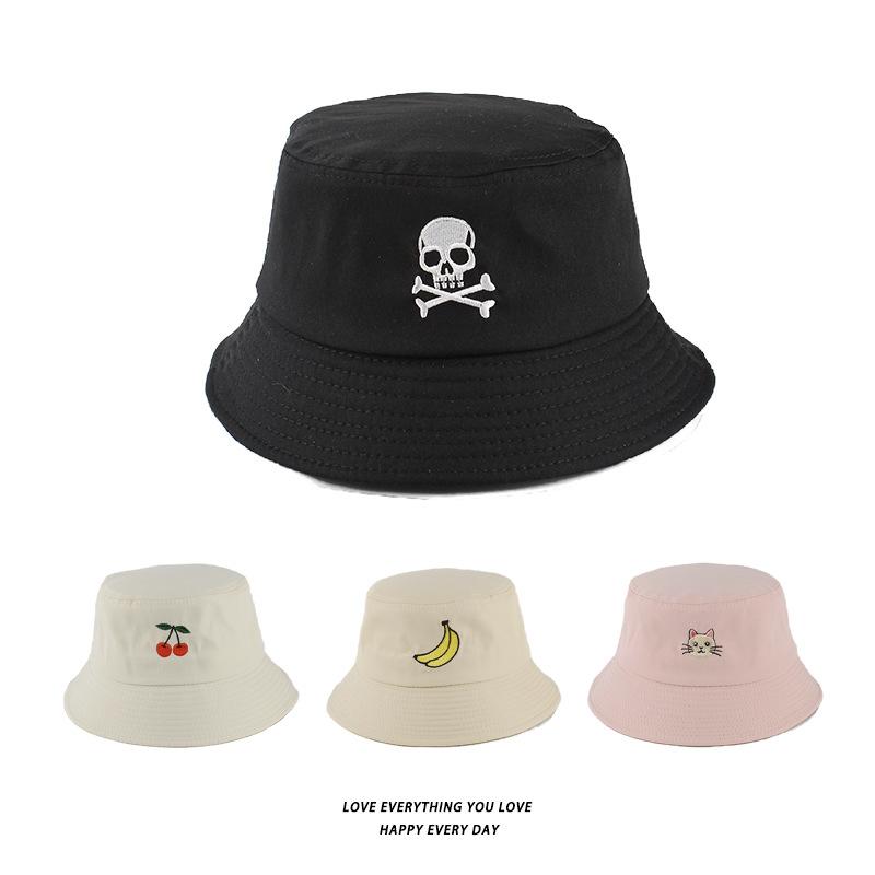 Bucket Hats Men And Women Skull Embroidered Fisherman Hat, Single-Sided Black Street Fashion Foldable Sunhat