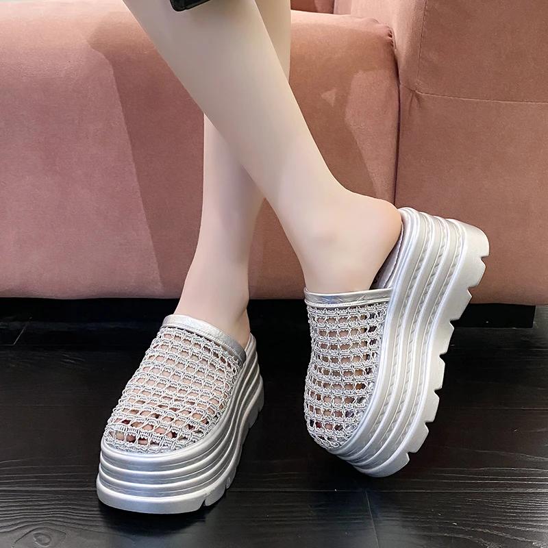 Мода 8 см Сетка Туфли-мюли на высоком каблуке Женские тапочки Обувь Танкетка Брендовые сандалии на платформе Летнее платье Слингбэки Лодочки Слайды Mujer Zapatos