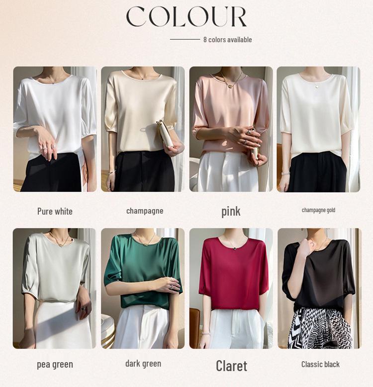 Breathable Silk Women's Round Neck Loose Solid Color Acetate Satin T-Shirt (2024 Spring/Summer Collection)