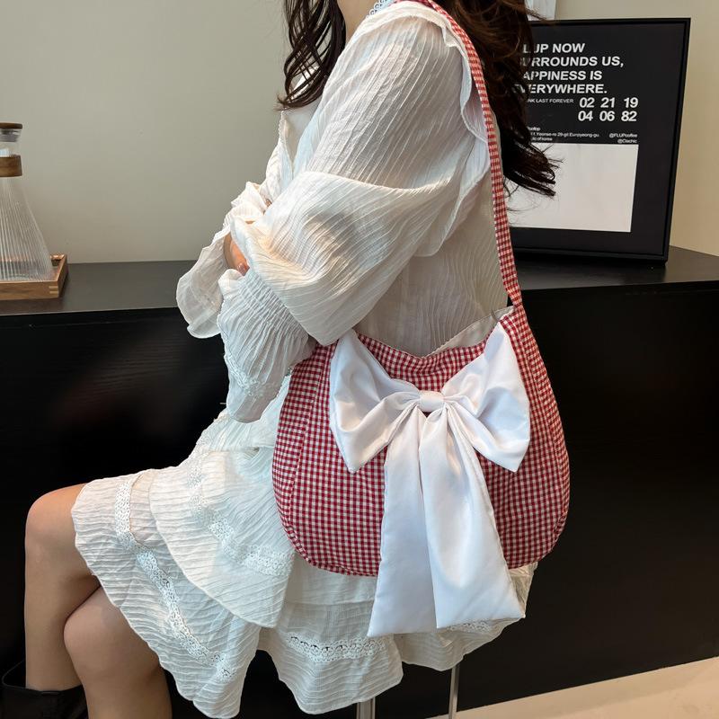 Новая трехмерная сумка через плечо с бантом и клеткой, женская повседневная холщовая сумка большой вместимости для поездок на работу