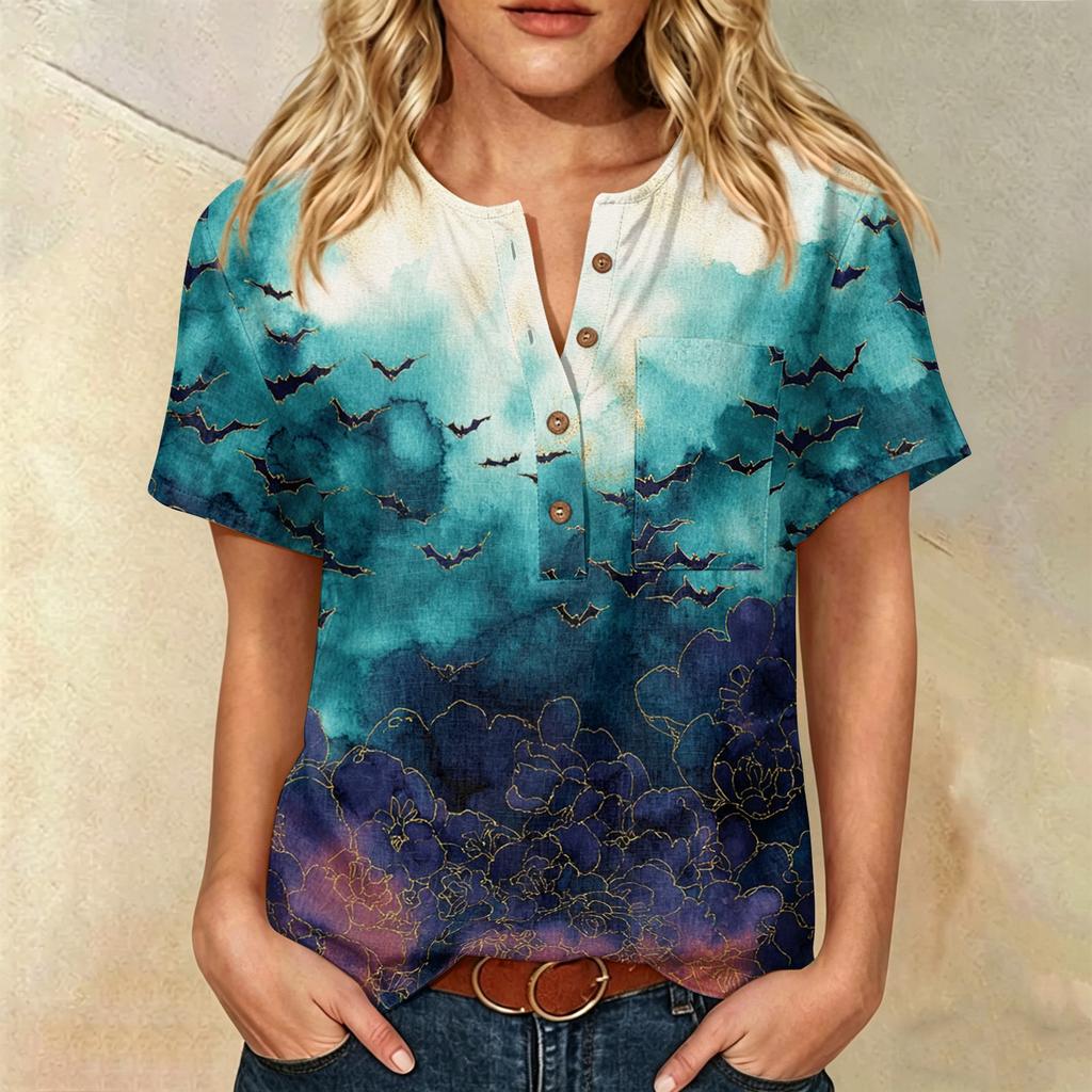 Женская повседневная рубашка-henley с коротким рукавом и нагрудным карманом, с тематическим Хэллоуинским принтом, смесовая хлопково-льняная ткань, свободный крой