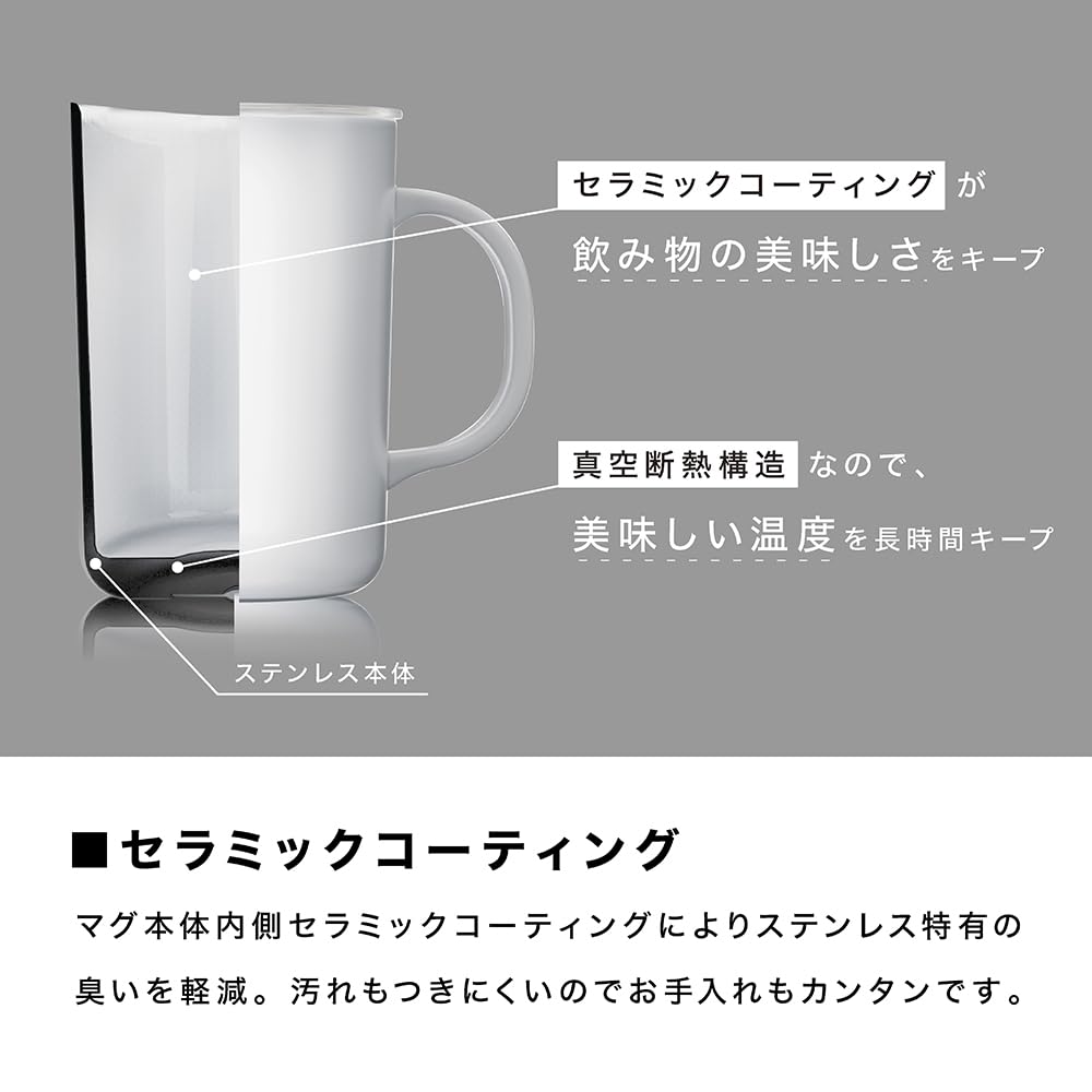HARIO Ceramic Coated Vacuum Insulated with Double-Walled Mug, White, 470ml, Lid, CMG-470-W