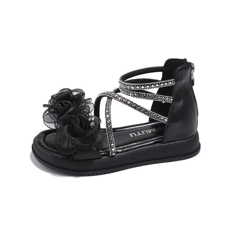 Сандалии принцессы для девочек с цветами Детские гладиаторские сандалии с высоким берцем на мягкой подошве Детские римские туфли со стразами 2024 года, лето, новинка