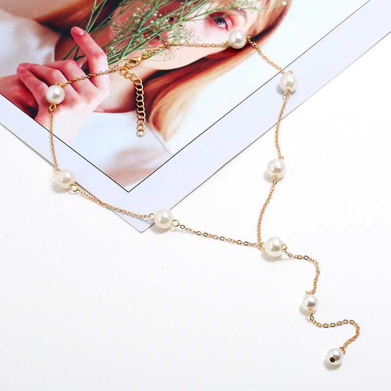 Women Pearl Long Necklace With Water Wave Chain For Wedding And Events Formal