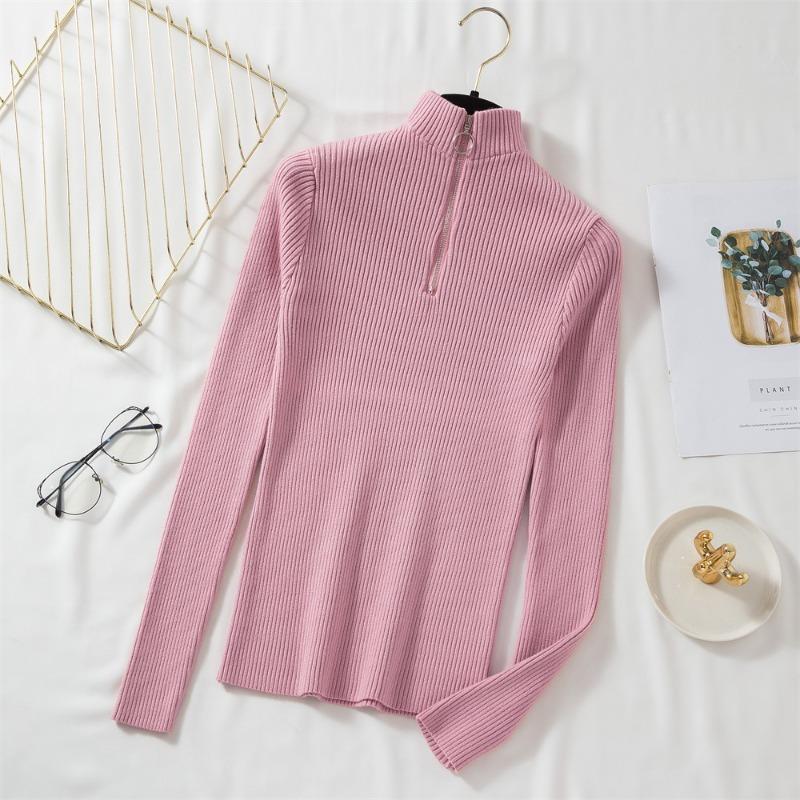 Autumn and Winter Half High Collar Zipper Knitted Sweater Women Fashion Long Sleeve Warm Base Women Sweaters Tops Solid Slim Pullover Knitwears 24966
