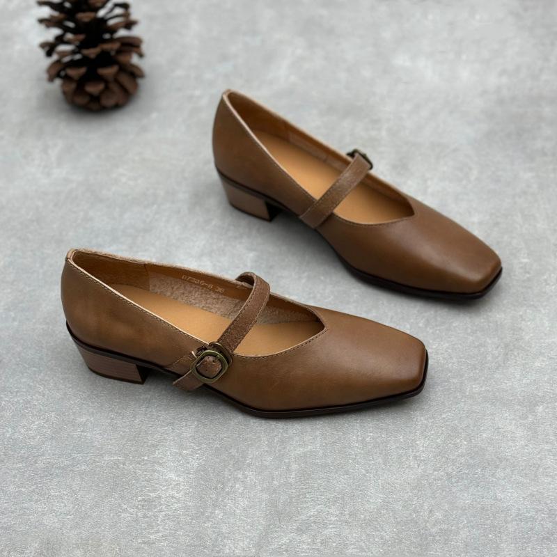 Johnature Туфли-лодочки женские из натуральной кожи на толстом каблуке в стиле ретро с квадратным носком и каблуком Мэри Джейн