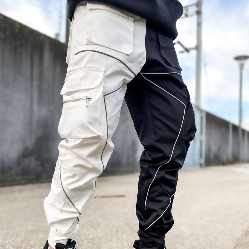Спортивные брюки-карго со светоотражающими полосками, модные уличные спортивные штаны в стиле хип-хоп, черные, белые, в стиле пэчворк, хипстерские мужские брюки