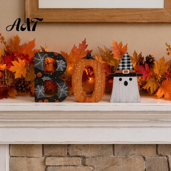 Playful Halloween Desktop Decorations Wooden BOO Ornaments, Lettering Decorations, Rustic Bat Pumpkin Ghost Small Ornaments for Windowsills