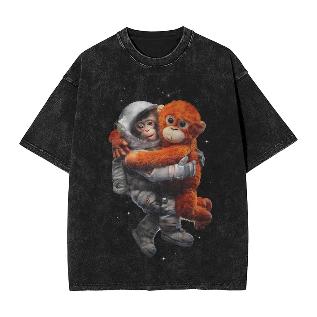 Vintage Washed Tshirt Team Punch Baby Monkey Punch Cotton Tshirts Fashion Tee Shirt Couple Summer Y2k Basic Design Clothes