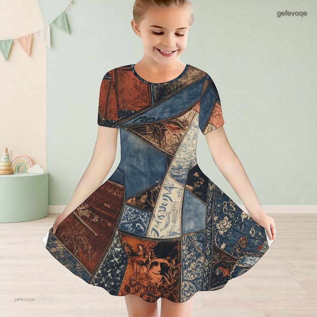 Girls Round Neck Short Sleeve Purple White Printed A Line Flared Dress