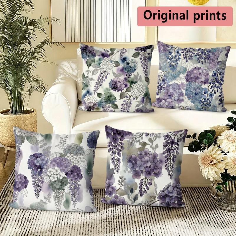 Watercolor Purple Hydrangea Pillow Covers Pattern Cushion Cover Suitable for Sofa Bedroom Car Pillow Cover