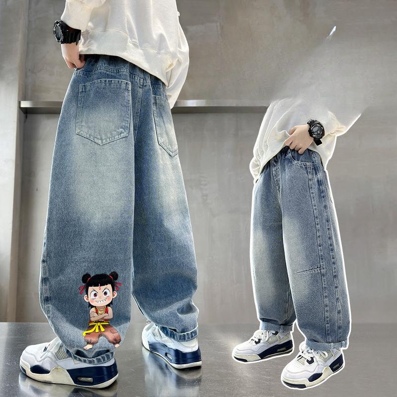 Джинсы для мальчиков Детские Модные Осенние Брюки Свободные Повседневные Брюки