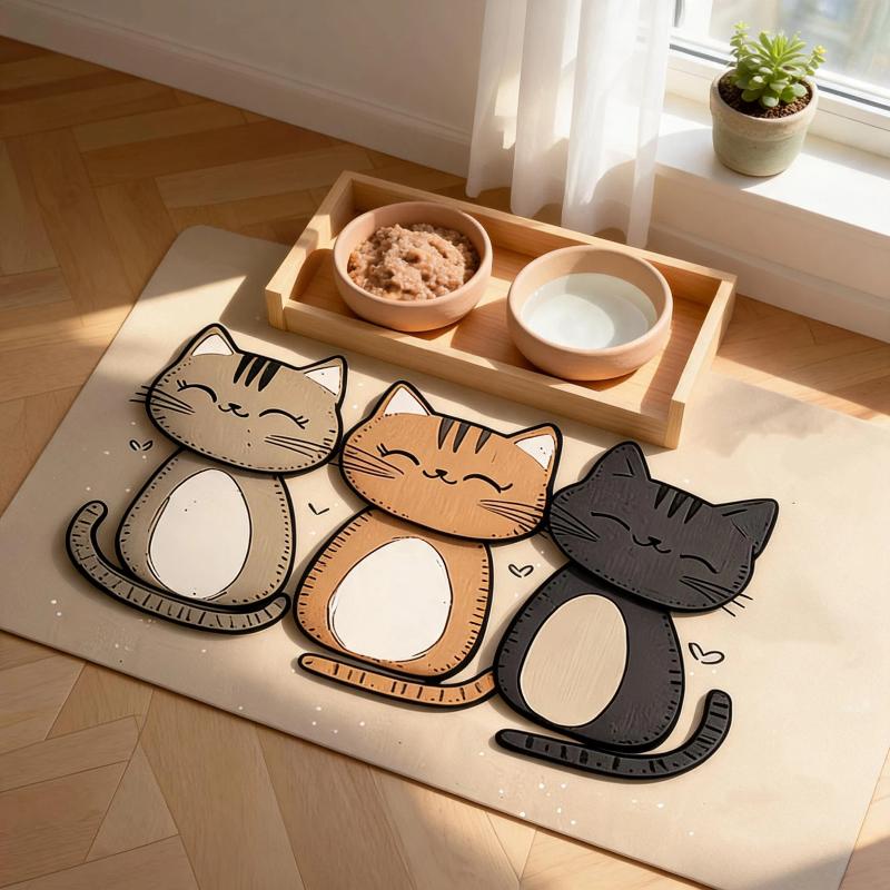 Waterproof Non Slip Cat Feeding Mat Cute Cartoon Linen Texture Pet Food Pad Matches All Pet Bowl Styles for Cats