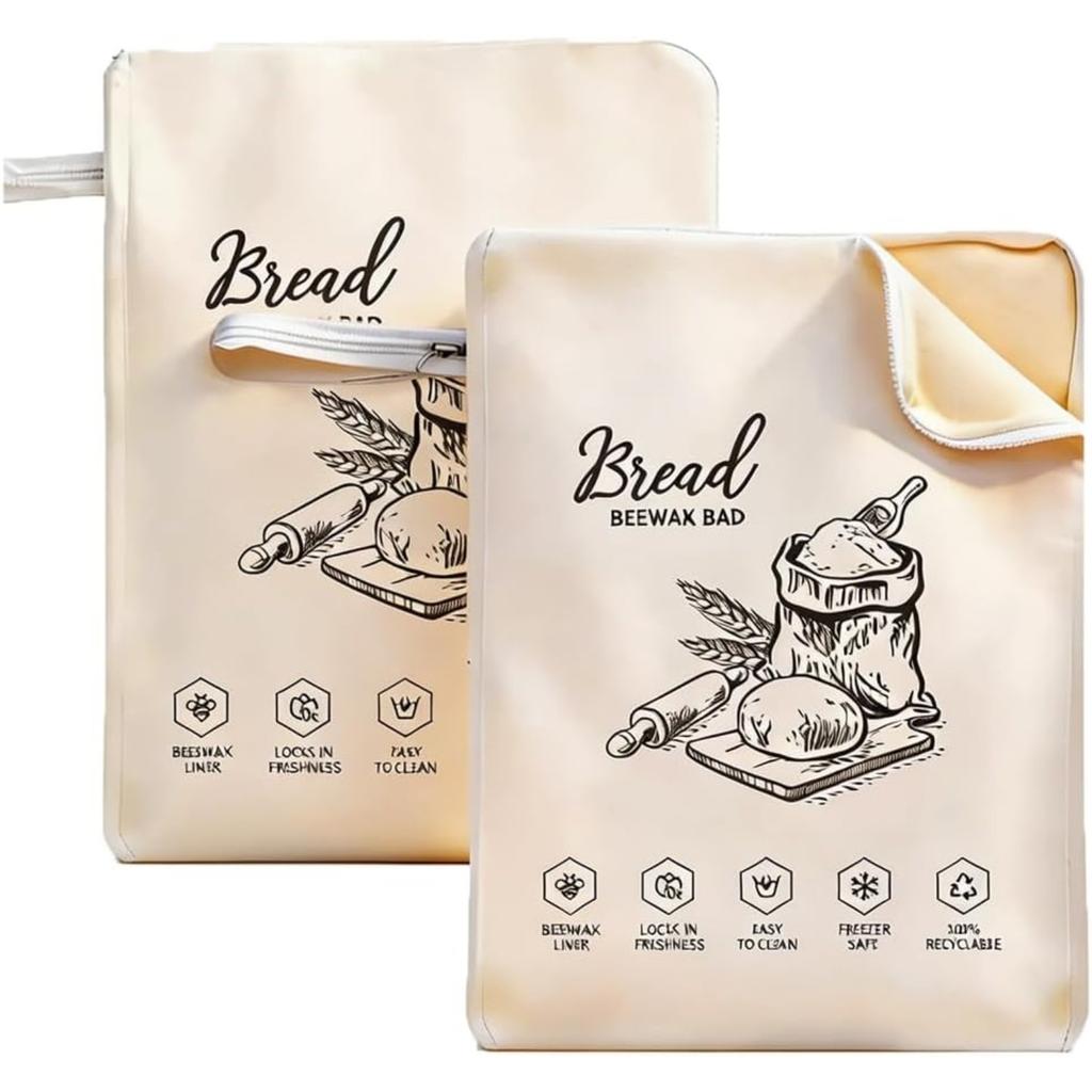 Beeswax Bread Bag with Zipper, 2 Pack Reusable Homemade Sourdough Food Beeswax Lining Bread Bags with Handle, 17x13 Inch Food Storage Keep Fresh
