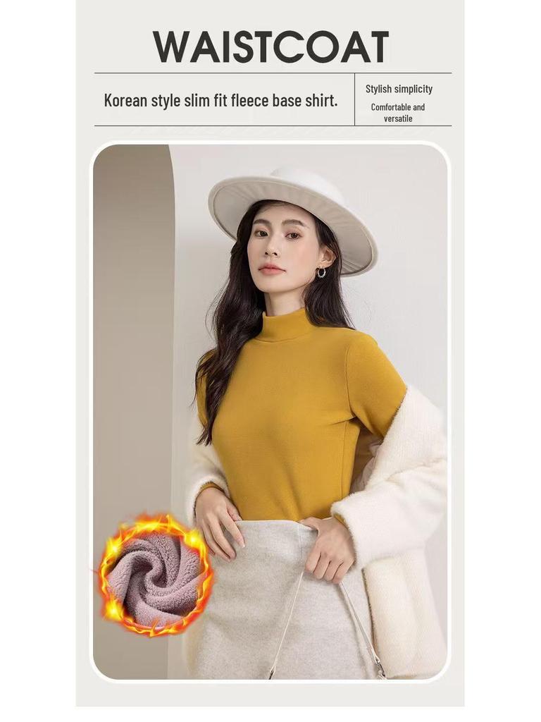 Camel Wool Women's Thick Fleece-Lined Semi-High Neck Top for Autumn/Winter