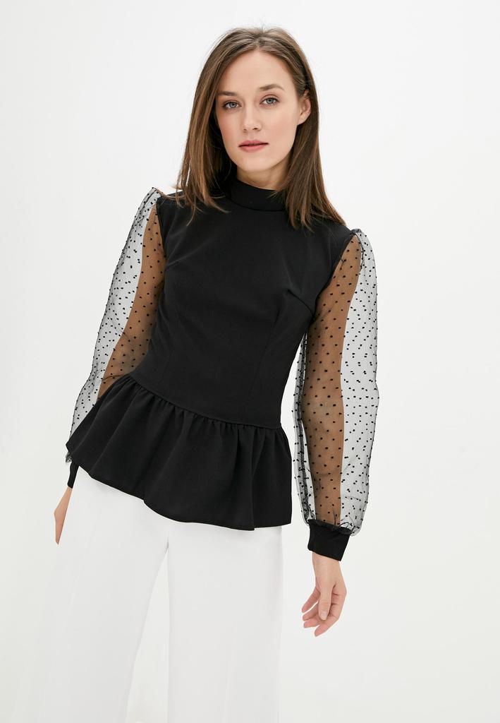 Black Blouse with Sheer Sleeves and Peplum ISSA Plus