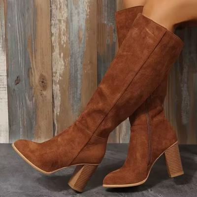 Модные женские сапоги до колена, брендовые замшевые туфли на высоком каблуке, зимние плюшевые теплые туфли 2025 года, элегантные готические сапоги больших размеров